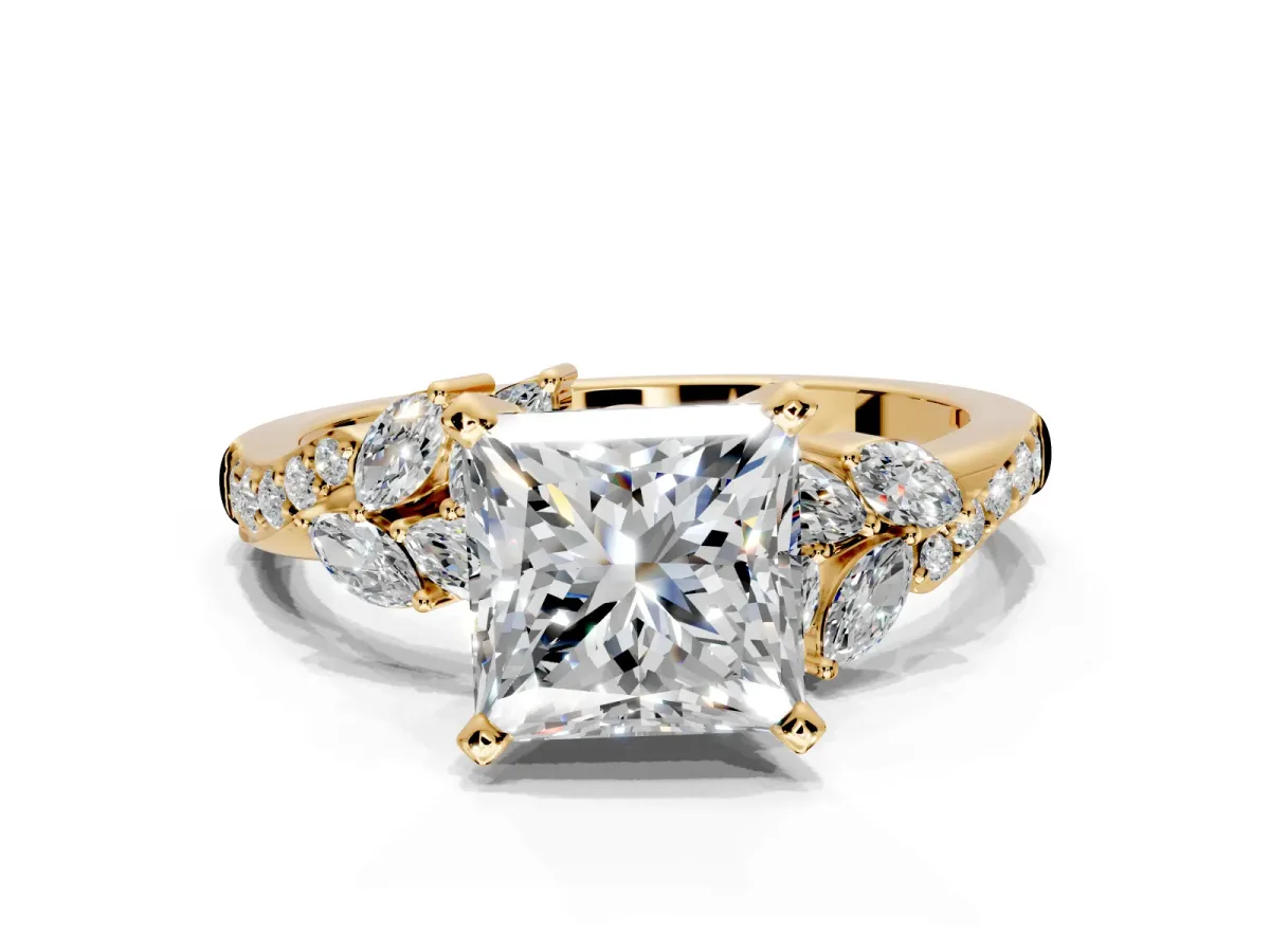 Solitaire Engagement Ring Setting for Princess Cut Center with Marquise Accent Twist Band and Prong Head in Yellow Gold