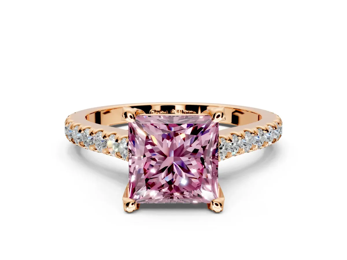 Solitaire Engagement Ring Setting for Fancy Pink Princess Cut Center with Widening Pave Band and Claw Prong Head in Rose Gold