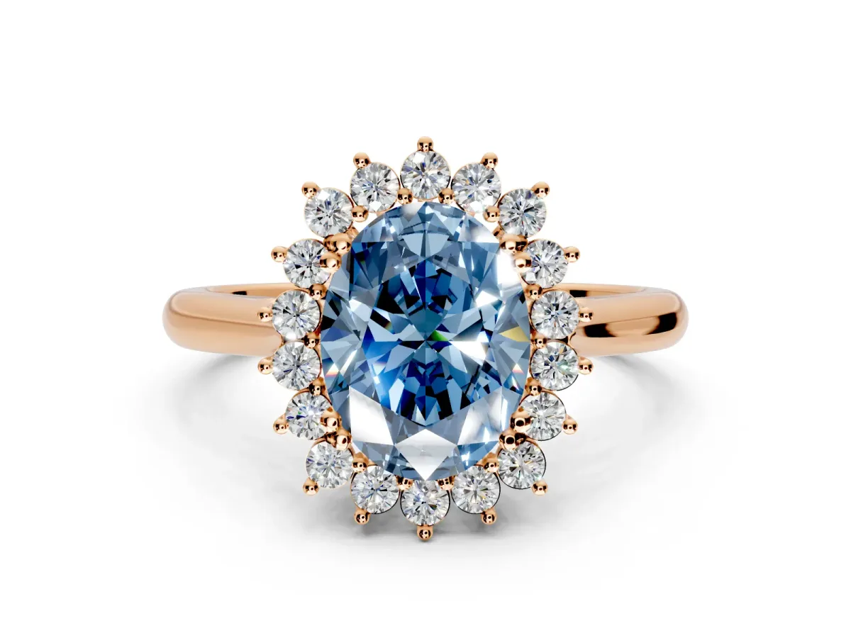 Starburst Halo Engagement Ring Setting for Fancy Blue Oval Center with Thin Round-Wire Band and Prong Head in Rose Gold