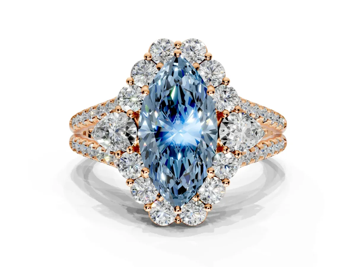 Halo Engagement Ring Setting for Fancy Blue Marquise Center with Two-Strand Split Shank and Prong Head in Rose Gold