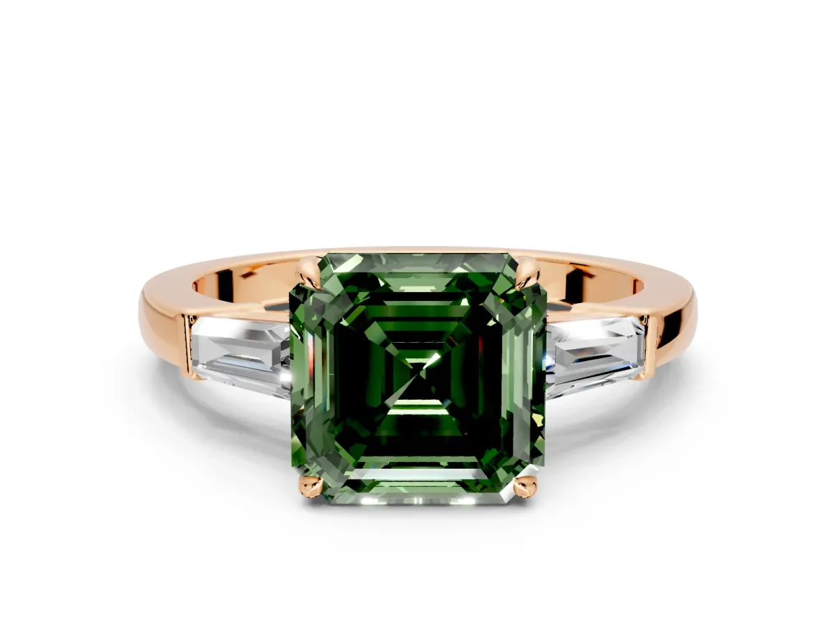 3 Stone Engagement Ring Setting for Fancy Green Asscher Cut Center with Baguette Accents and Prong Head in Rose Gold