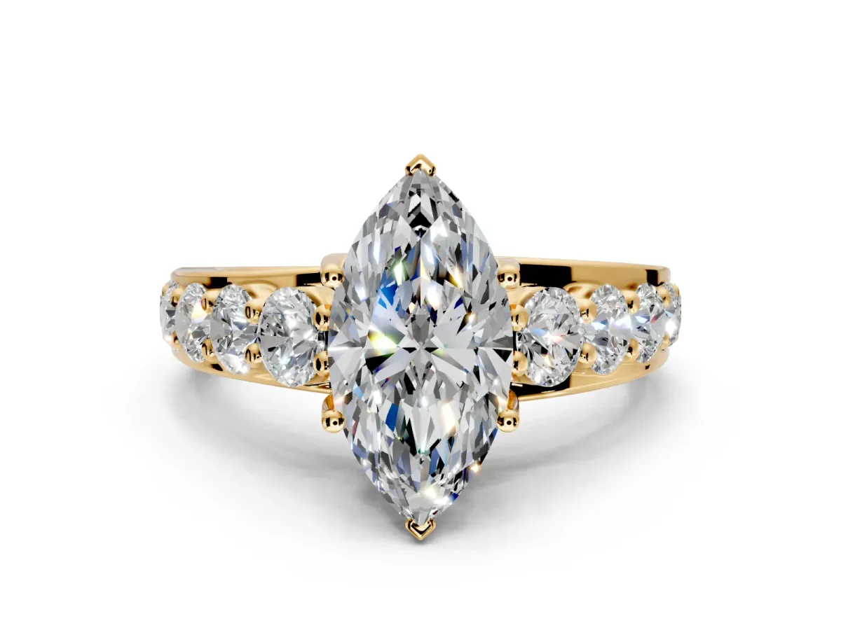 Solitaire Engagement Ring Setting for Marquise Center with Graduated Shared Prongs and Prong Head in Yellow Gold