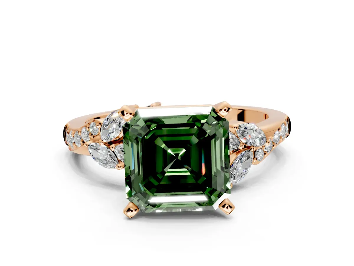 Solitaire Engagement Ring Setting for Fancy Green Asscher Cut Center with Marquise Accent Twist Band and Prong Head in Rose Gold