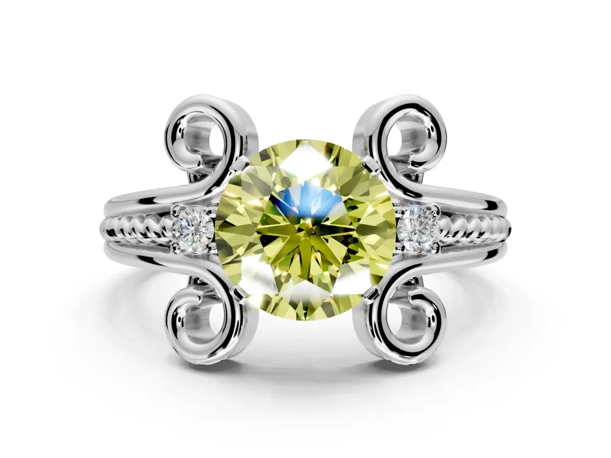 Solitaire Engagement Ring Setting for Fancy Yellow Round Cut Center with Twisted Band and Scroll Prong Head in White Gold