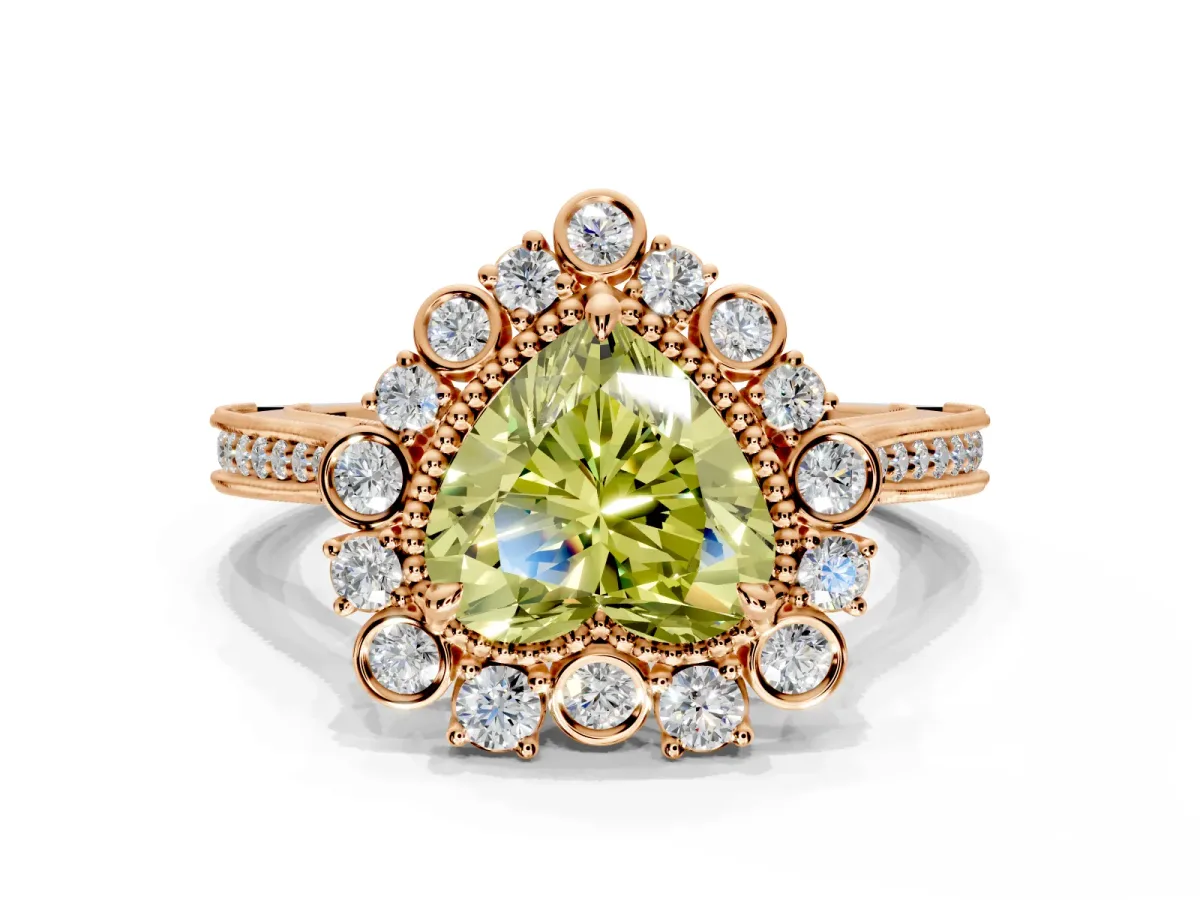 Milgrain Halo Engagement Ring Setting for Fancy Yellow Heart-Shaped Center with Bezel Point Accents and Prong Head in Rose Gold