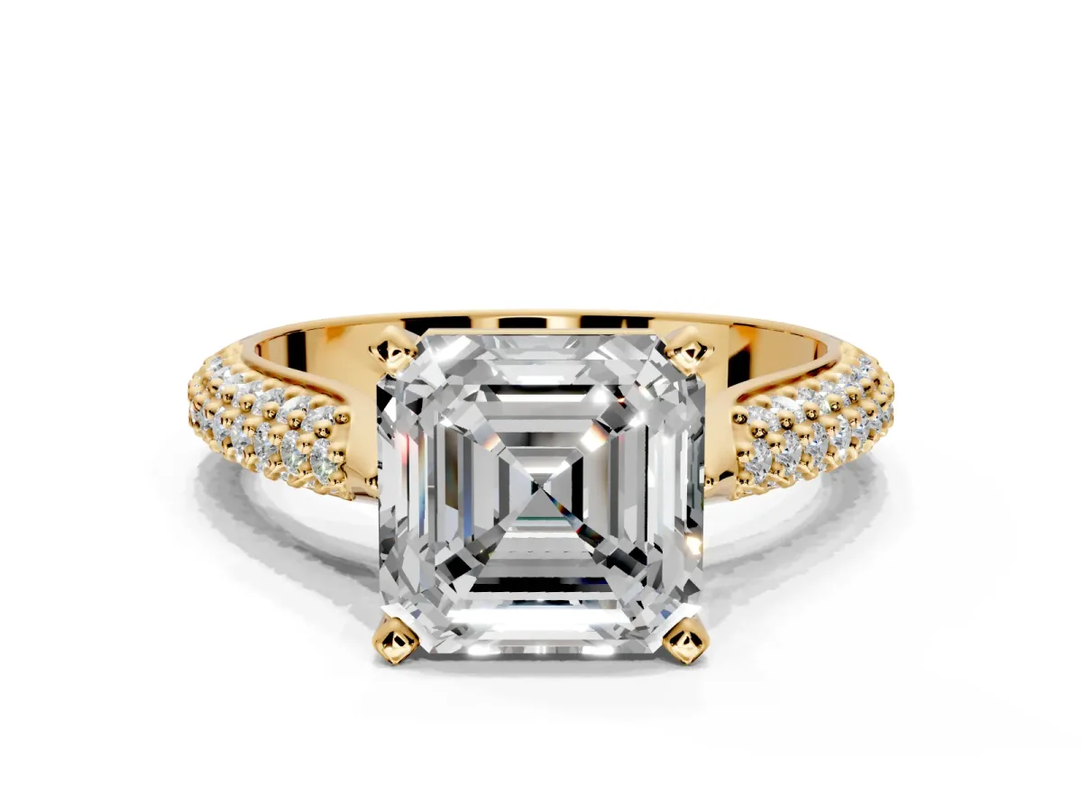Solitaire Engagement Ring Setting for Asscher Cut Center with Multi-Row Accents and Prong Head in Yellow Gold