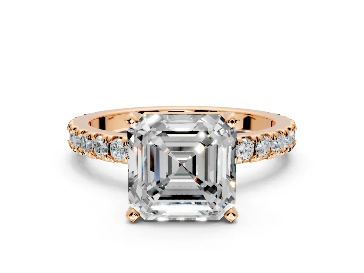 Solitaire Engagement Ring Setting for Asscher Cut Center with Fine Pave Band and Claw Prong Head in Rose Gold