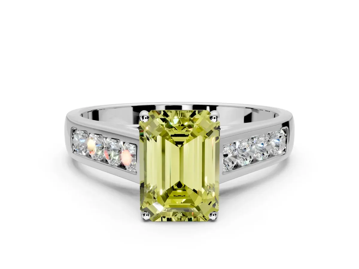 Solitaire Engagement Ring Setting for Fancy Yellow Emerald Cut Center with Cathedral Channel Band and Prong Head in Platinum