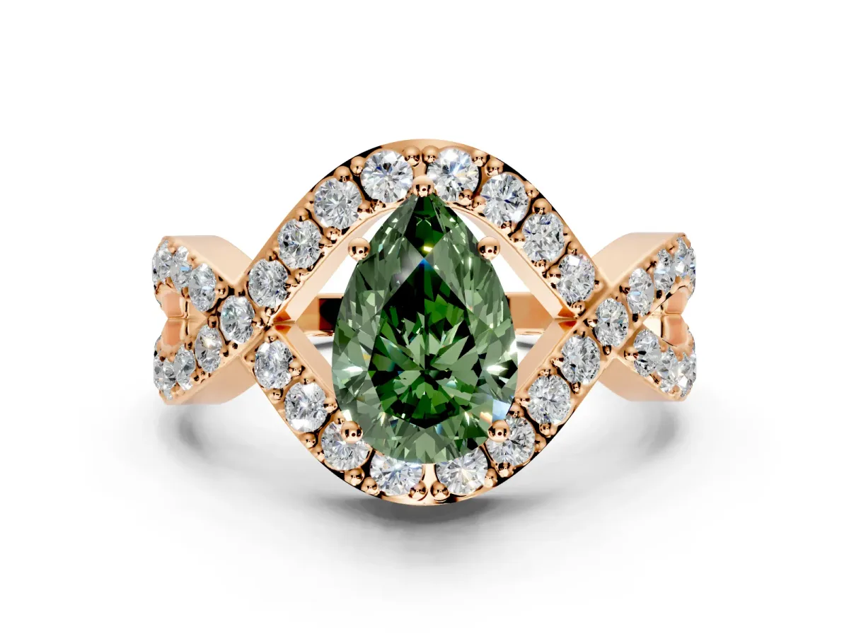 Halo Engagement Ring Setting for Fancy Green Pear-Shaped Center with Pave Infinity Twist Band and Prong Head in Rose Gold