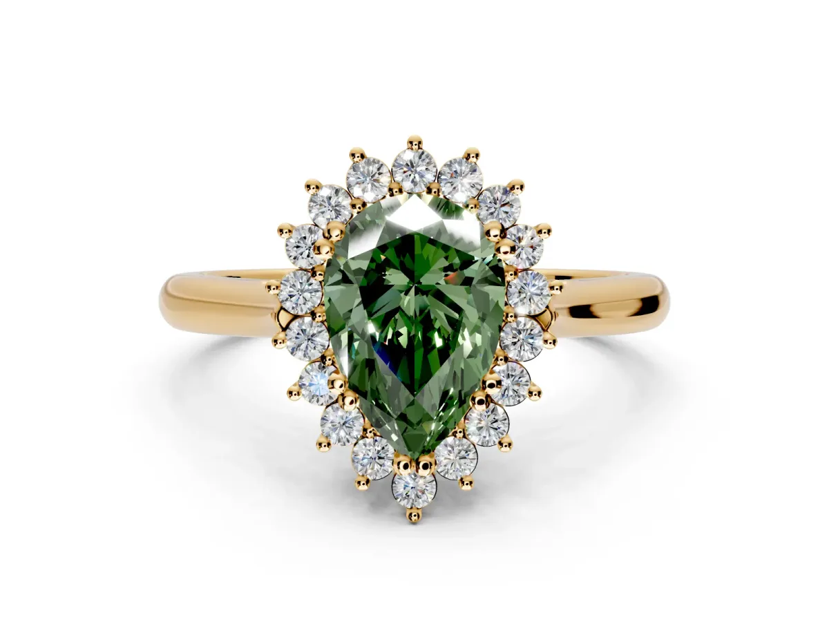 Starburst Halo Engagement Ring Setting for Fancy Green Pear-Shaped Center with Thin Round-Wire Band and Prong Head in Yellow Gold