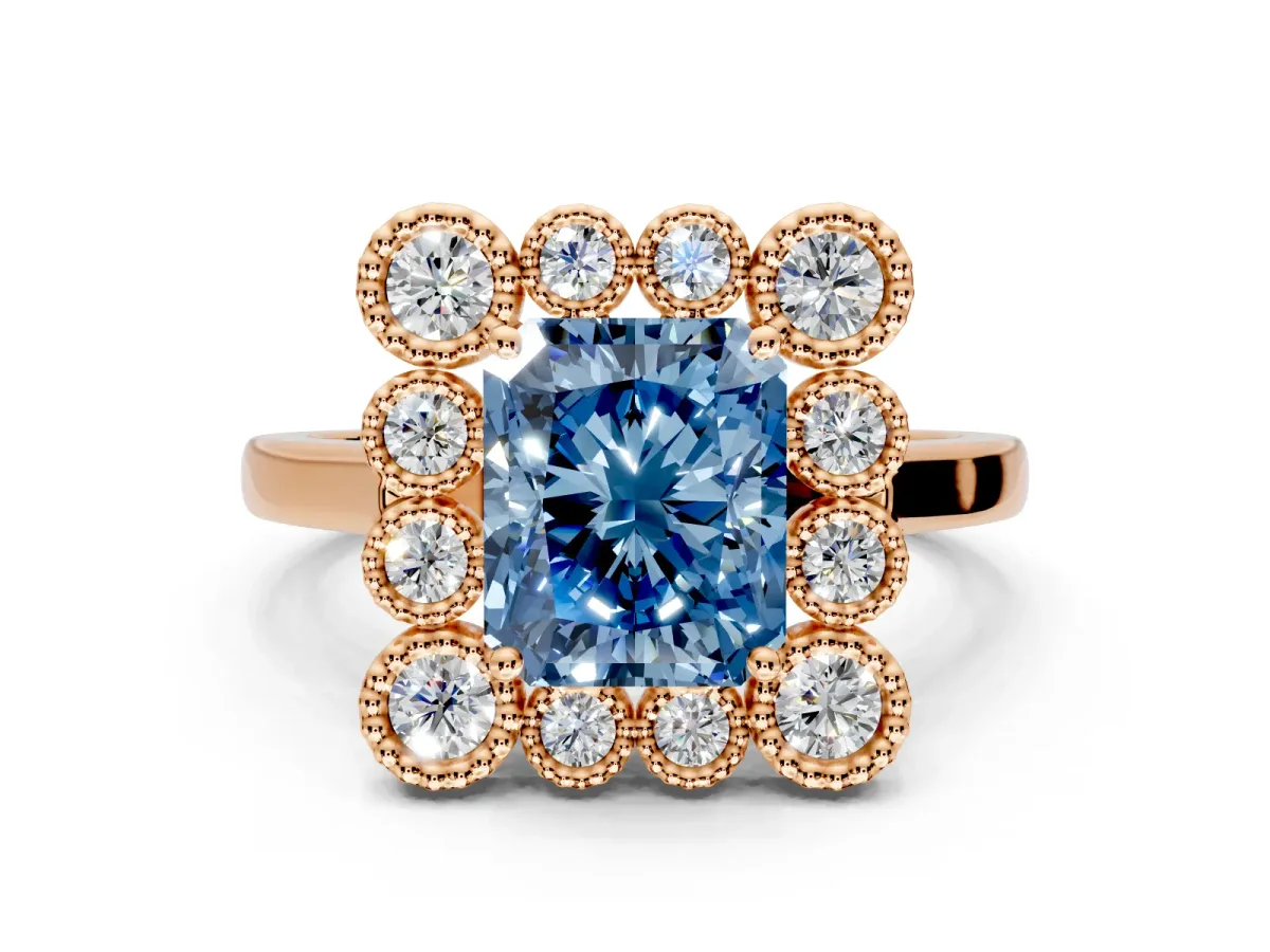 Cluster Halo Engagement Ring Setting for Fancy Blue Radiant Cut Center with Milgrain Bezel Accents and Prong Head in Rose Gold