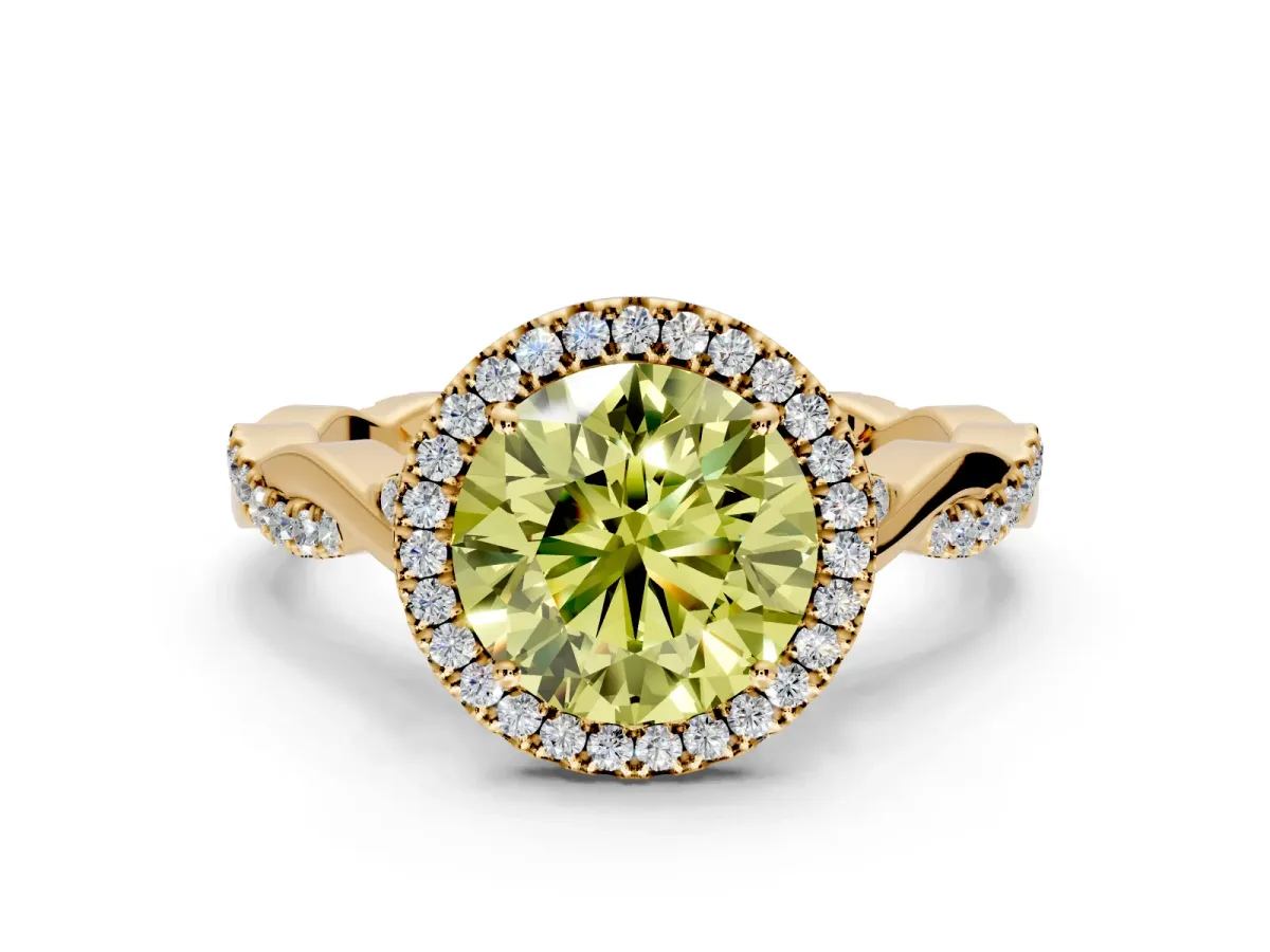 Halo Engagement Ring Setting for Fancy Yellow Round Cut Center with Twist Band and Prong Head in Yellow Gold