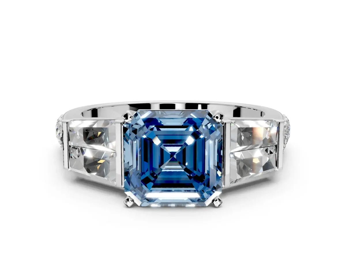 Channel-Set Engagement Ring Setting for Fancy Blue Asscher Cut Center with Baguette Band and Prong Head in Sterling Silver