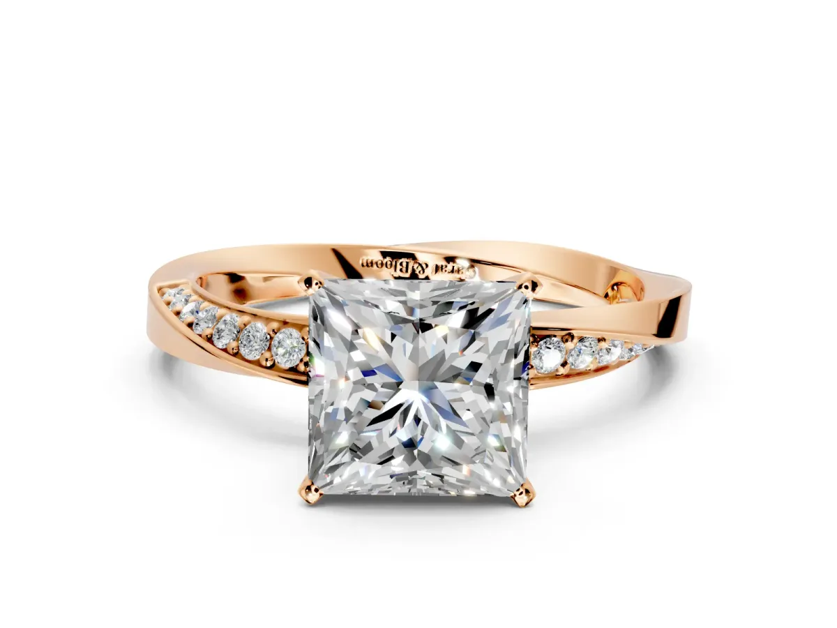 Side Accent Engagement Ring Setting for Princess Cut Center with Accent Shoulders and Prong Head in Rose Gold