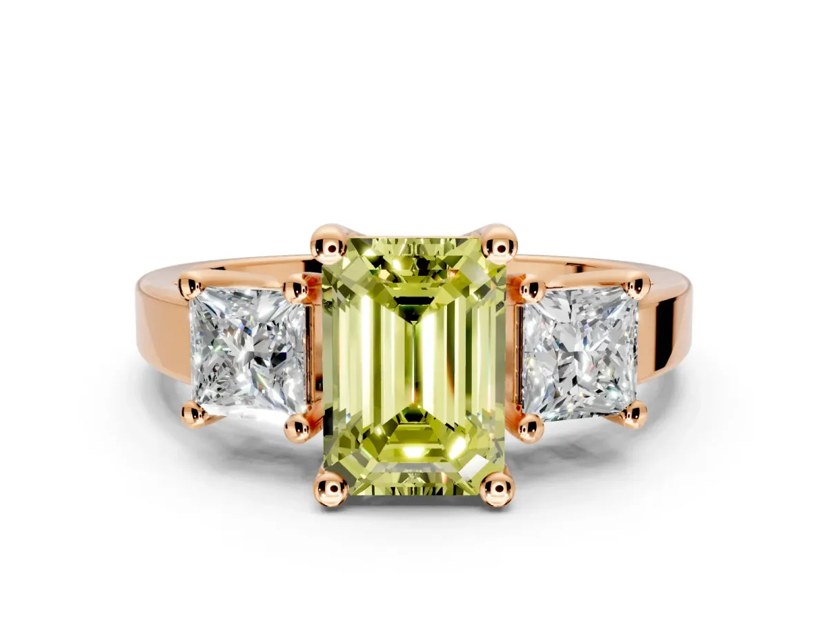 3 Stone Engagement Ring Setting for Fancy Yellow Emerald Cut Center with Matching Side Accents and Prong Head in Rose Gold