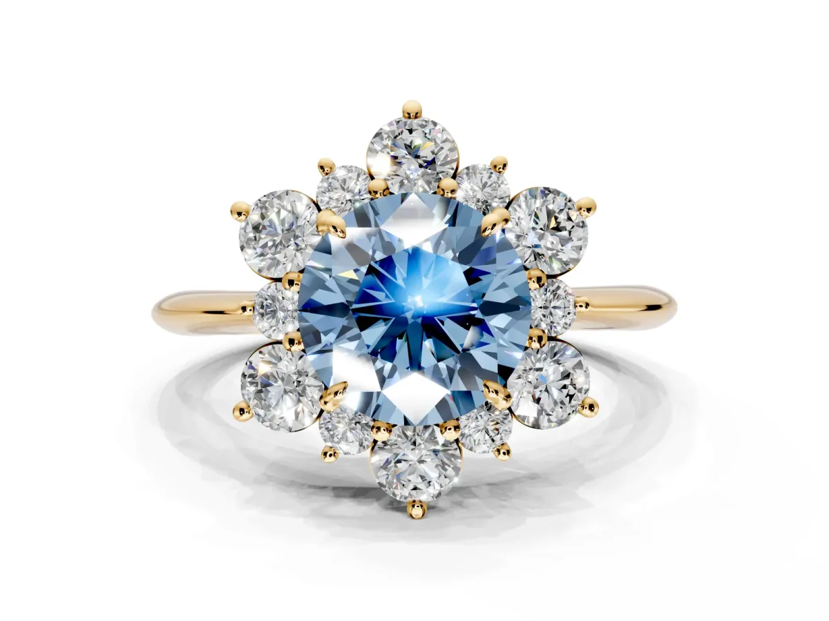 Small-Accent Cluster Halo Engagement Ring Setting for Fancy Blue Round Cut Center with Plain Band and Prong Head in Yellow Gold
