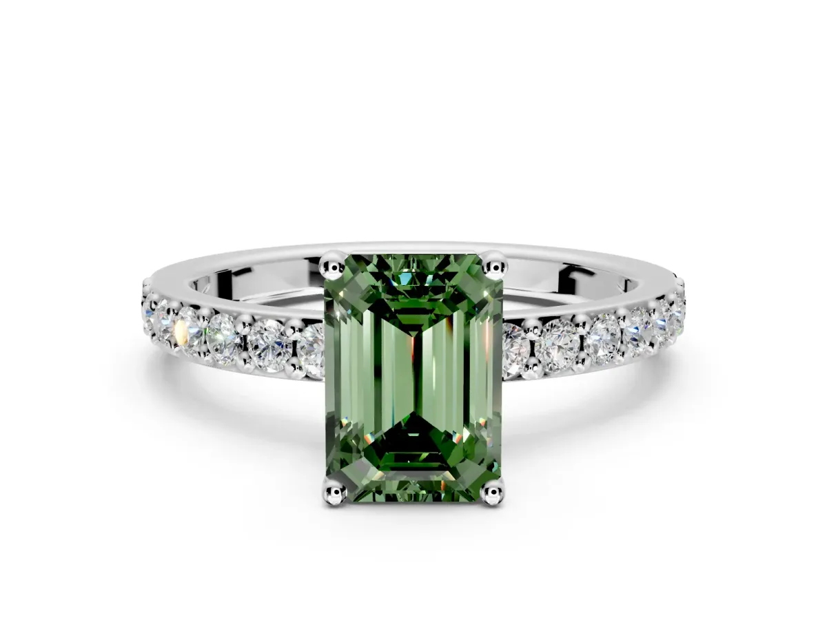 Solitaire Engagement Ring Setting for Fancy Green Emerald Cut Center with Round Cut Pave Band and Prong Head in Platinum