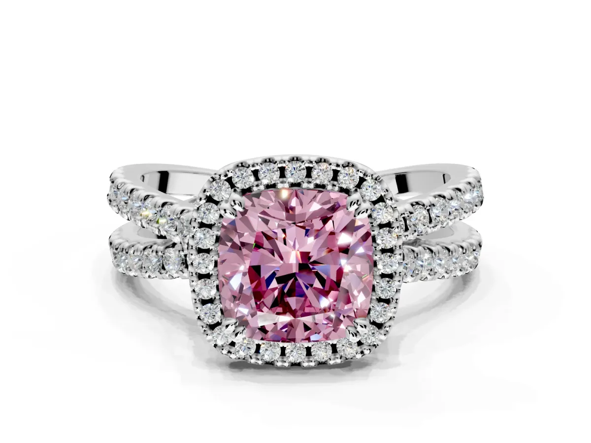 Halo Engagement Ring Setting for Fancy Pink Cushion Cut Center with Double Pave Split Shank and Prong Head in Sterling Silver