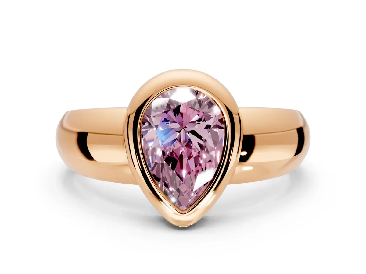 Solitaire Engagement Ring Setting for Fancy Pink Pear-Shaped Center with Wide Band and Bezel Head in Rose Gold