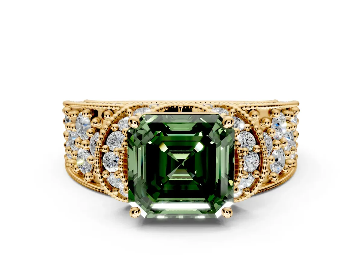 Pave Engagement Ring Setting for Fancy Green Asscher Cut Center with Curved Accent Rows, Openwork and Prong Head in Yellow Gold