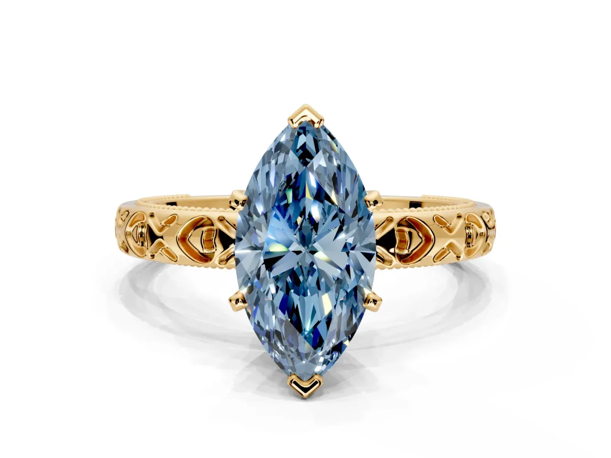 Solitaire Engagement Ring Setting for Fancy Blue Marquise Center with XO Engraved Band and Prong Head in Yellow Gold