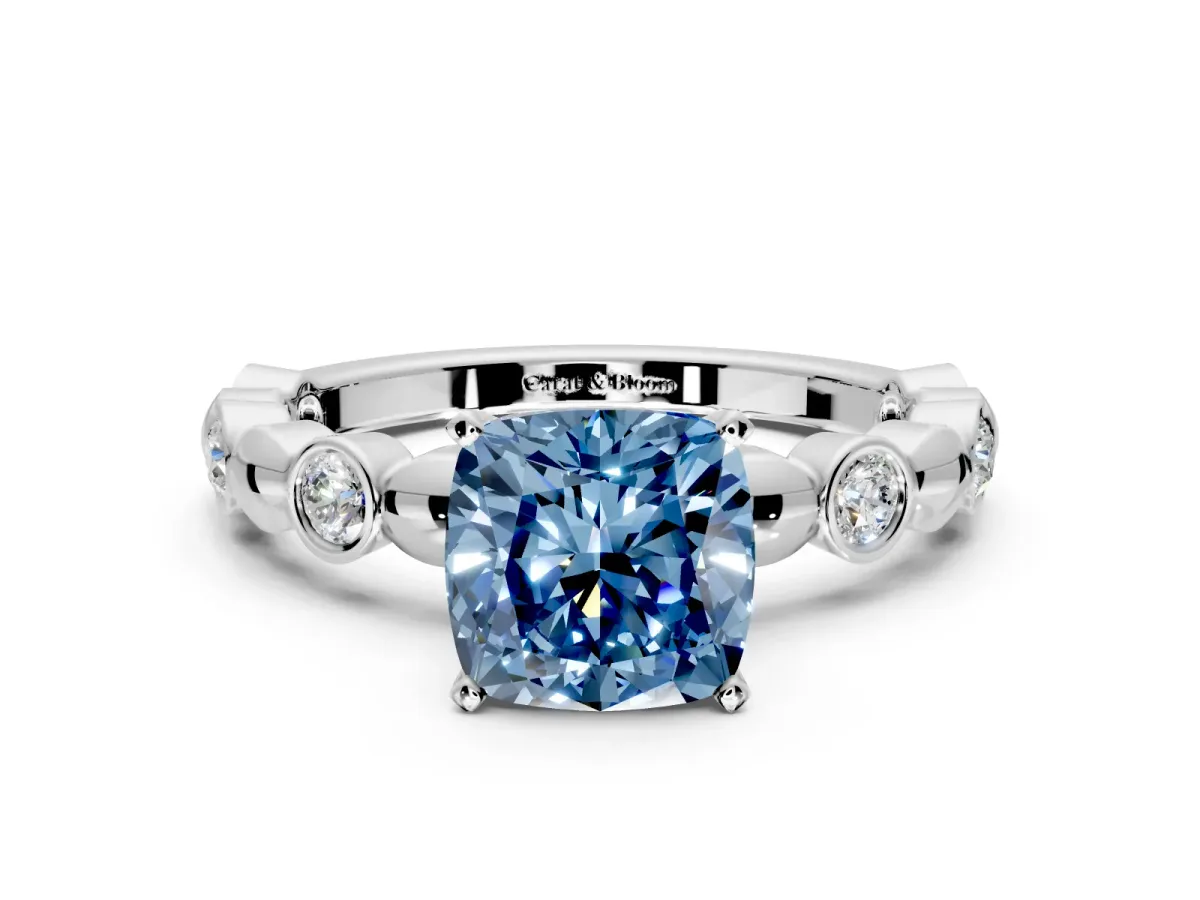 Solitaire Engagement Ring Setting for Fancy Blue Cushion Cut Center with Beaded Bezel Station Band and Prong Head in Sterling Silver