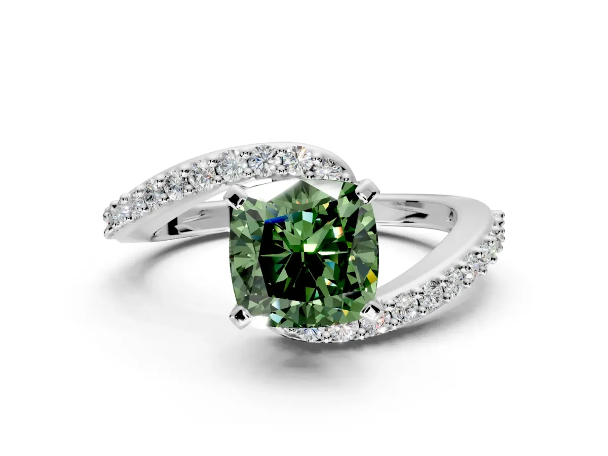 Solitaire Engagement Ring Setting for Fancy Green Cushion Cut Center with Pave Bypass Swirl Band and Prong Head in Platinum