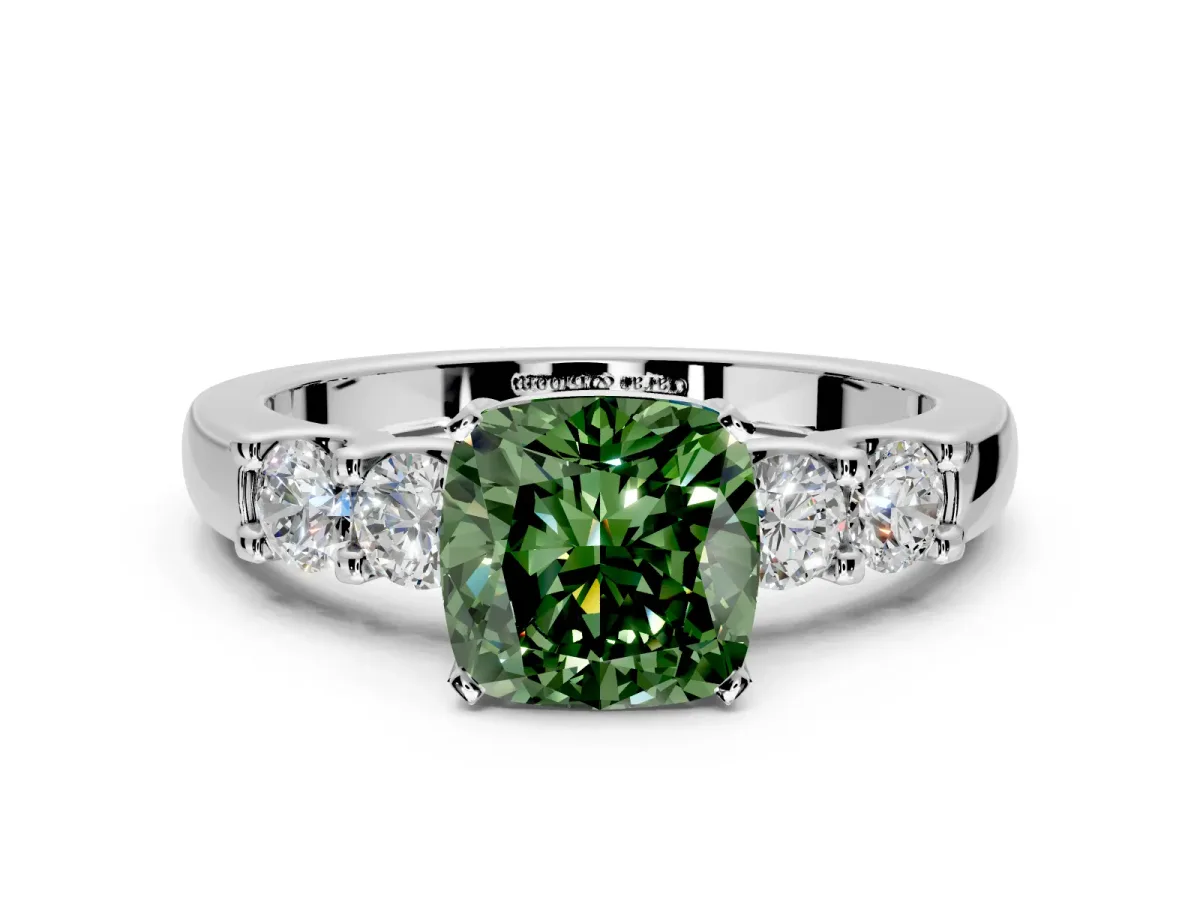 5 Stone Engagement Ring Setting for Fancy Green Cushion Cut Center with Plain Band and Prong Head in Platinum