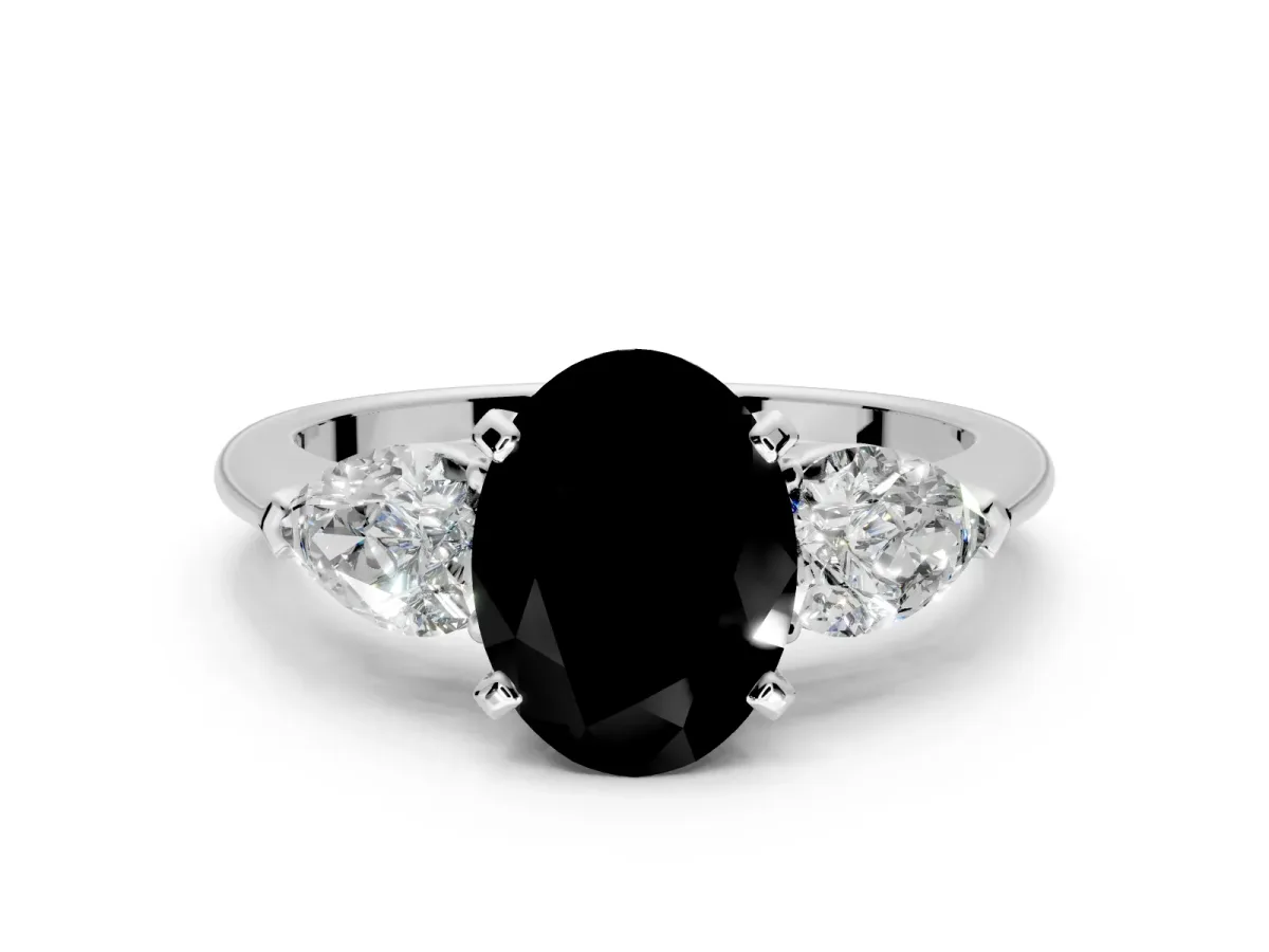 3 Stone Engagement Ring Setting for Fancy Black Oval Center with Large Pear-Shaped Accents and Prong Head in White Gold