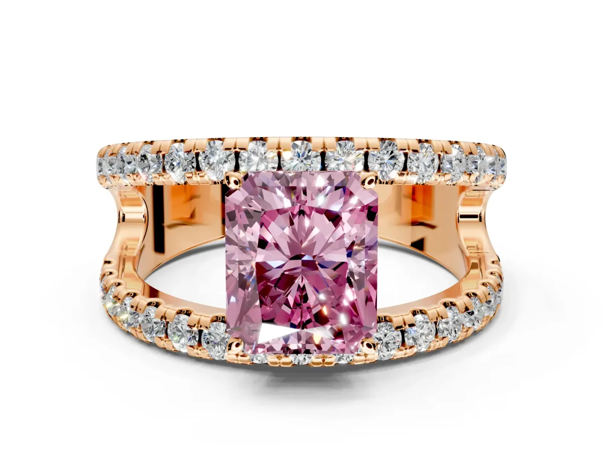 Solitaire Engagement Ring Setting for Fancy Pink Radiant Cut Center with Wide-Open Split Shank and Prong Head in Rose Gold
