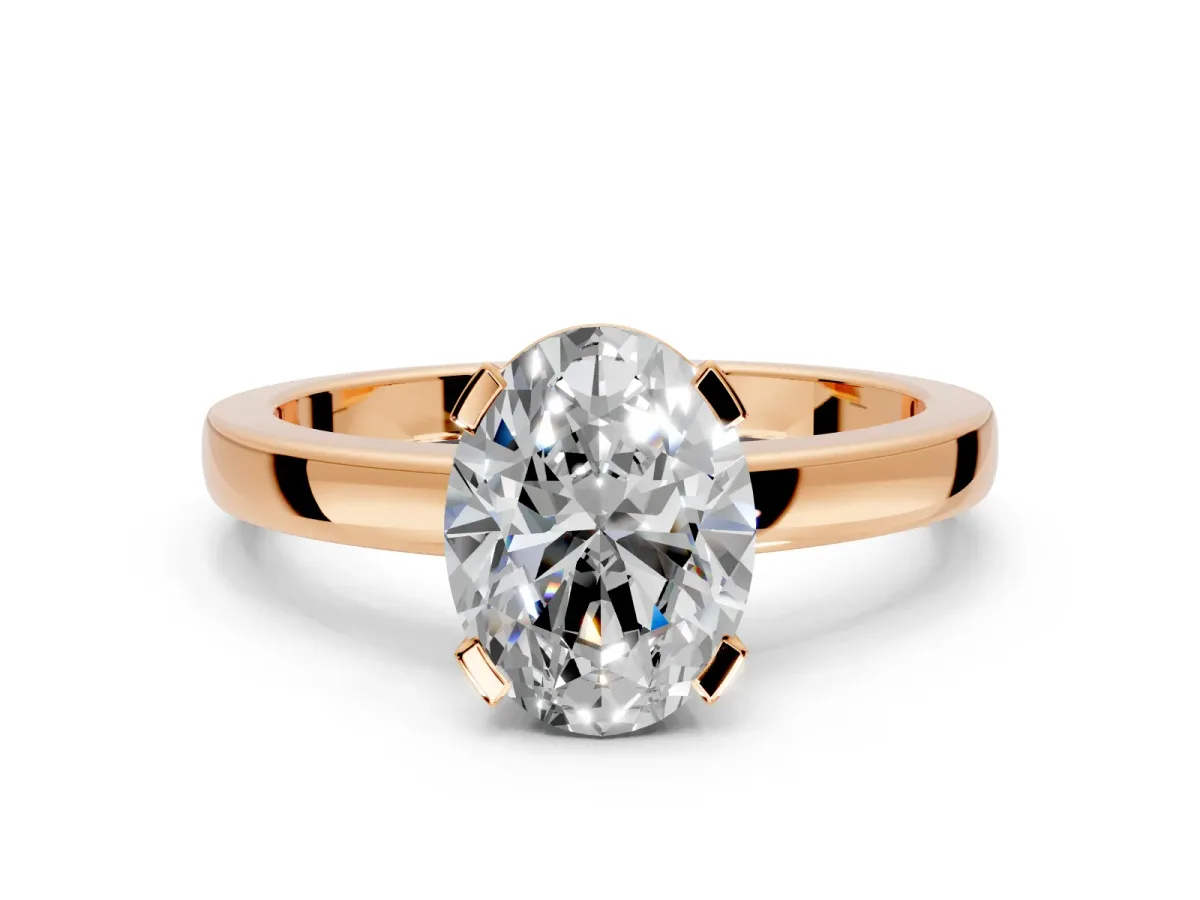 Solitaire Engagement Ring Setting for Oval Center with Plain Band and Flat Tab Prong Head in Rose Gold