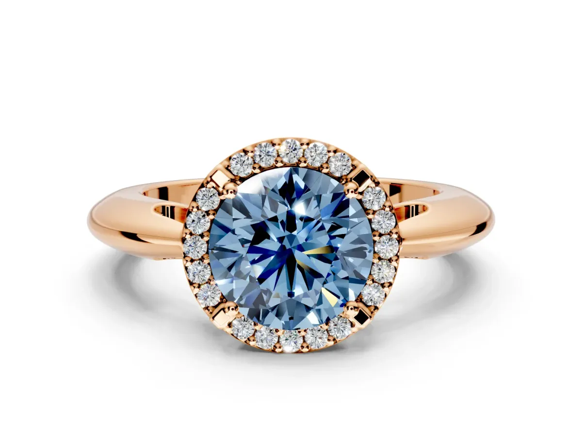 Halo Engagement Ring Setting for Fancy Blue Round Cut Center with Tapered Plain Band and Prong Head in Rose Gold