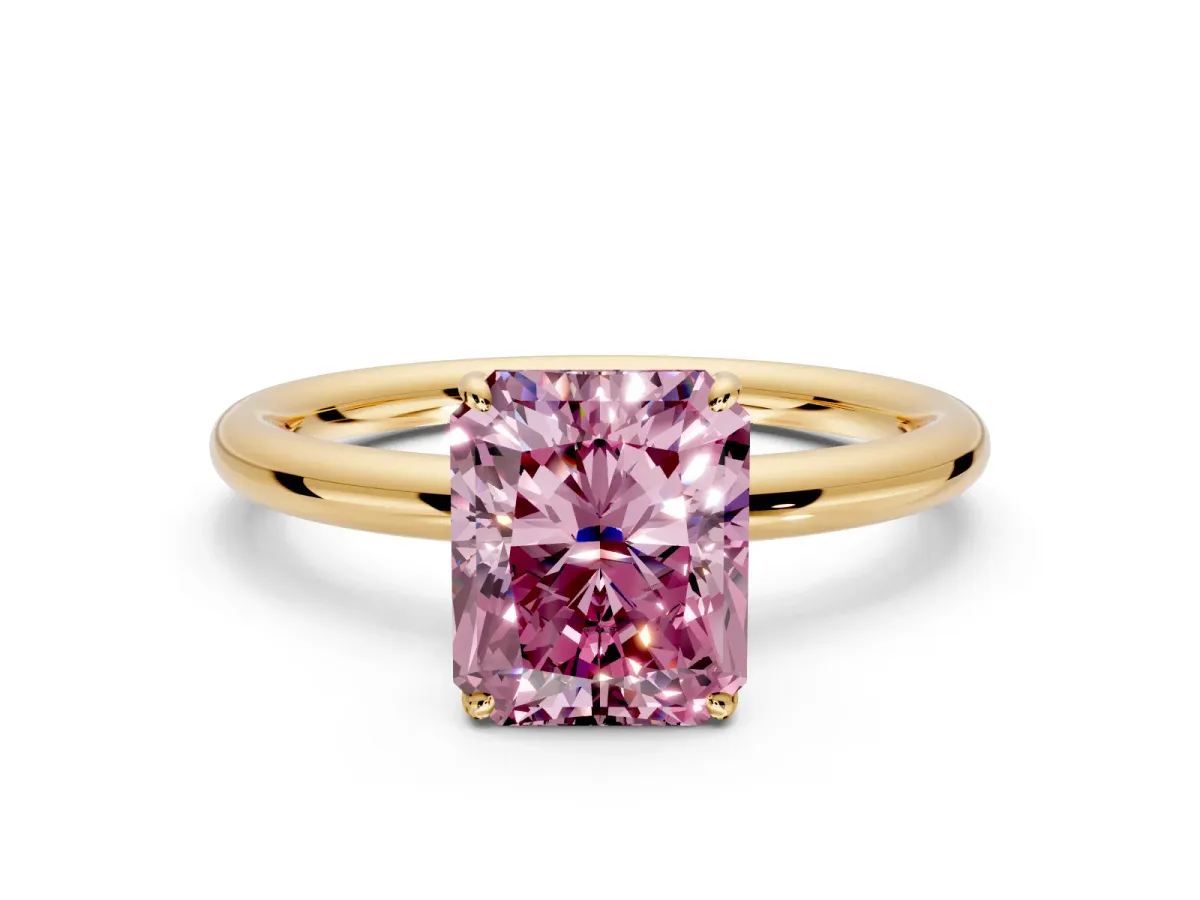 Low-Set Solitaire Engagement Ring Setting for Fancy Pink Radiant Cut Center with Thin Plain Band and Prong Head in Yellow Gold