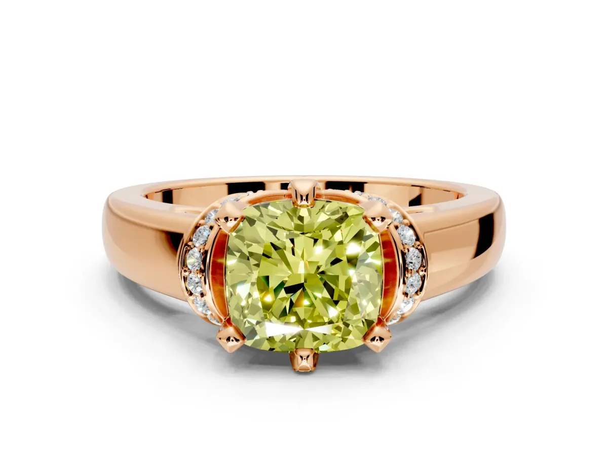 Solitaire Engagement Ring Setting for Fancy Yellow Cushion Cut Center with Wide Band, Pave Collar and Prong Head in Rose Gold
