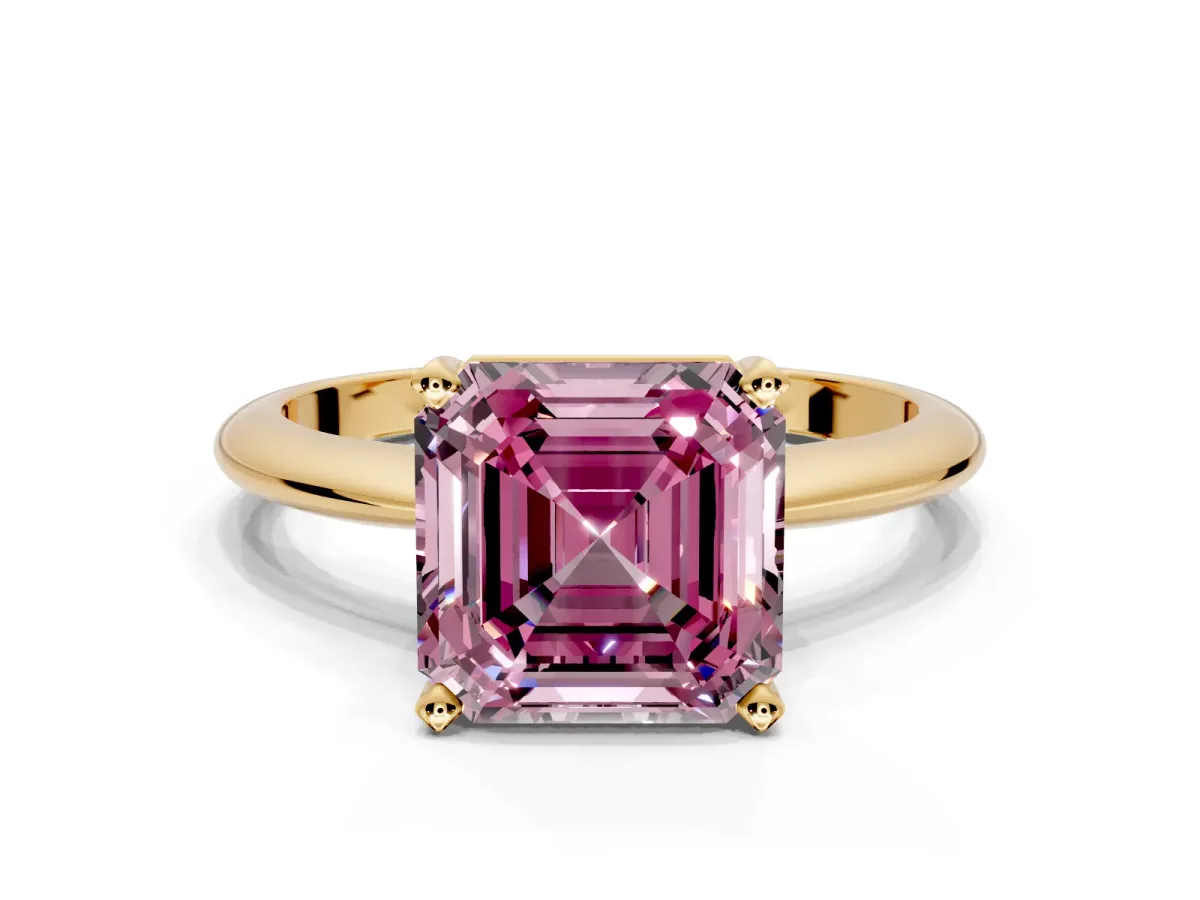 Solitaire Engagement Ring Setting for Fancy Pink Asscher Cut Center with Knife Ridge Band and Claw Prong Head in Yellow Gold