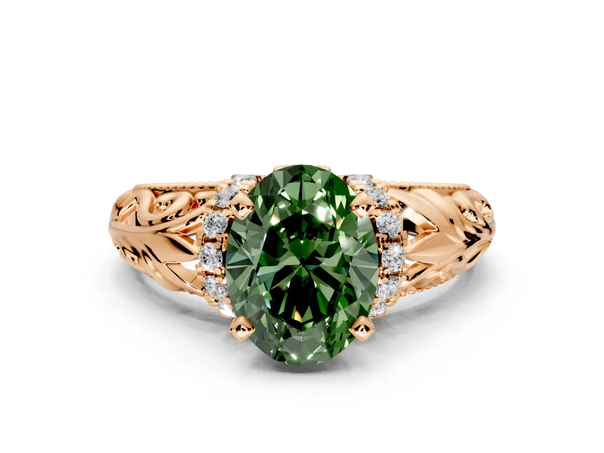 Solitaire Engagement Ring Setting for Fancy Green Oval Center with Filigree Accent Basket and Prong Head in Rose Gold