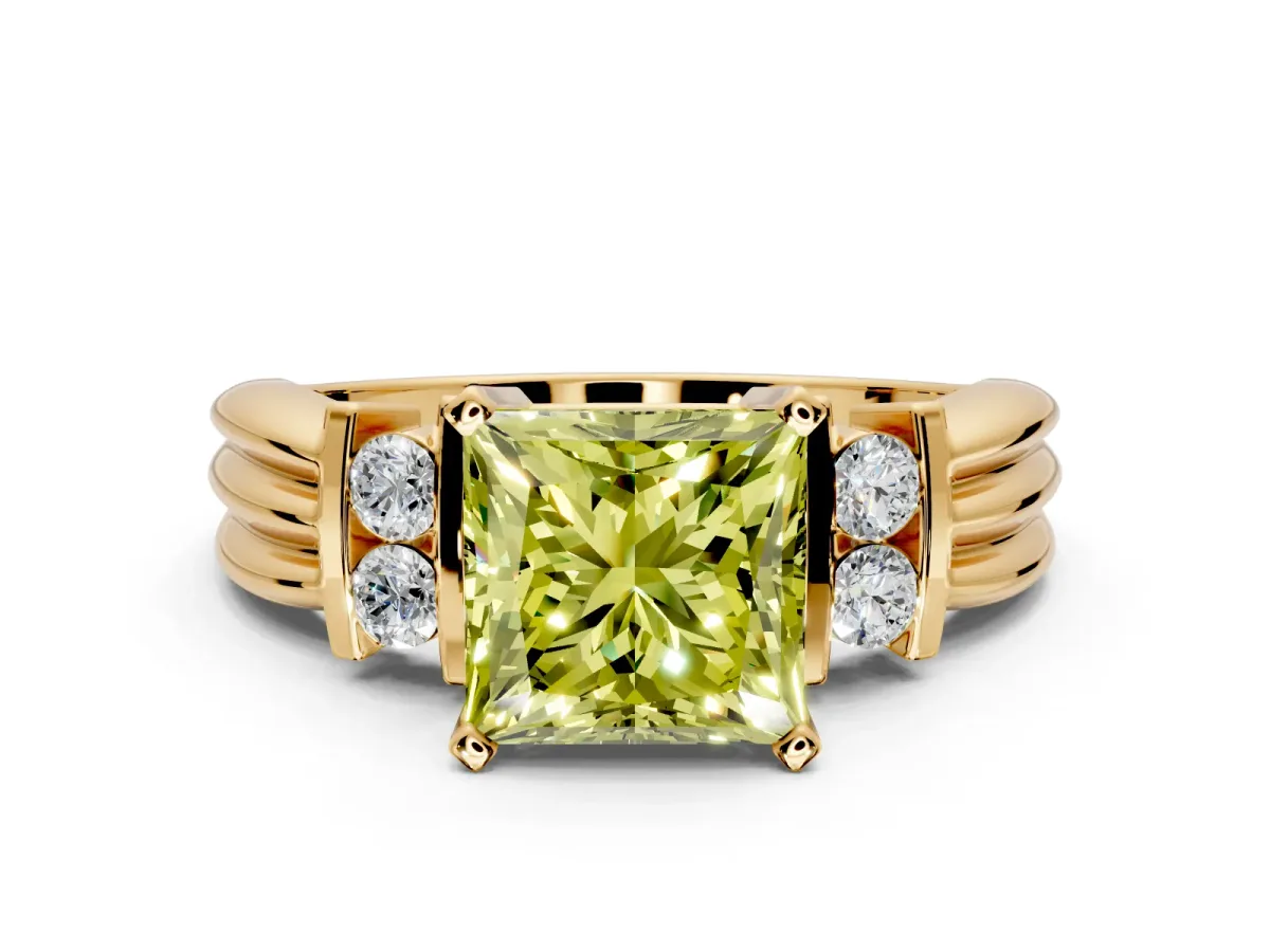 Solitaire Engagement Ring Setting for Fancy Yellow Princess Cut Center with Grooved Bar Accent Band and Prong Head in Yellow Gold
