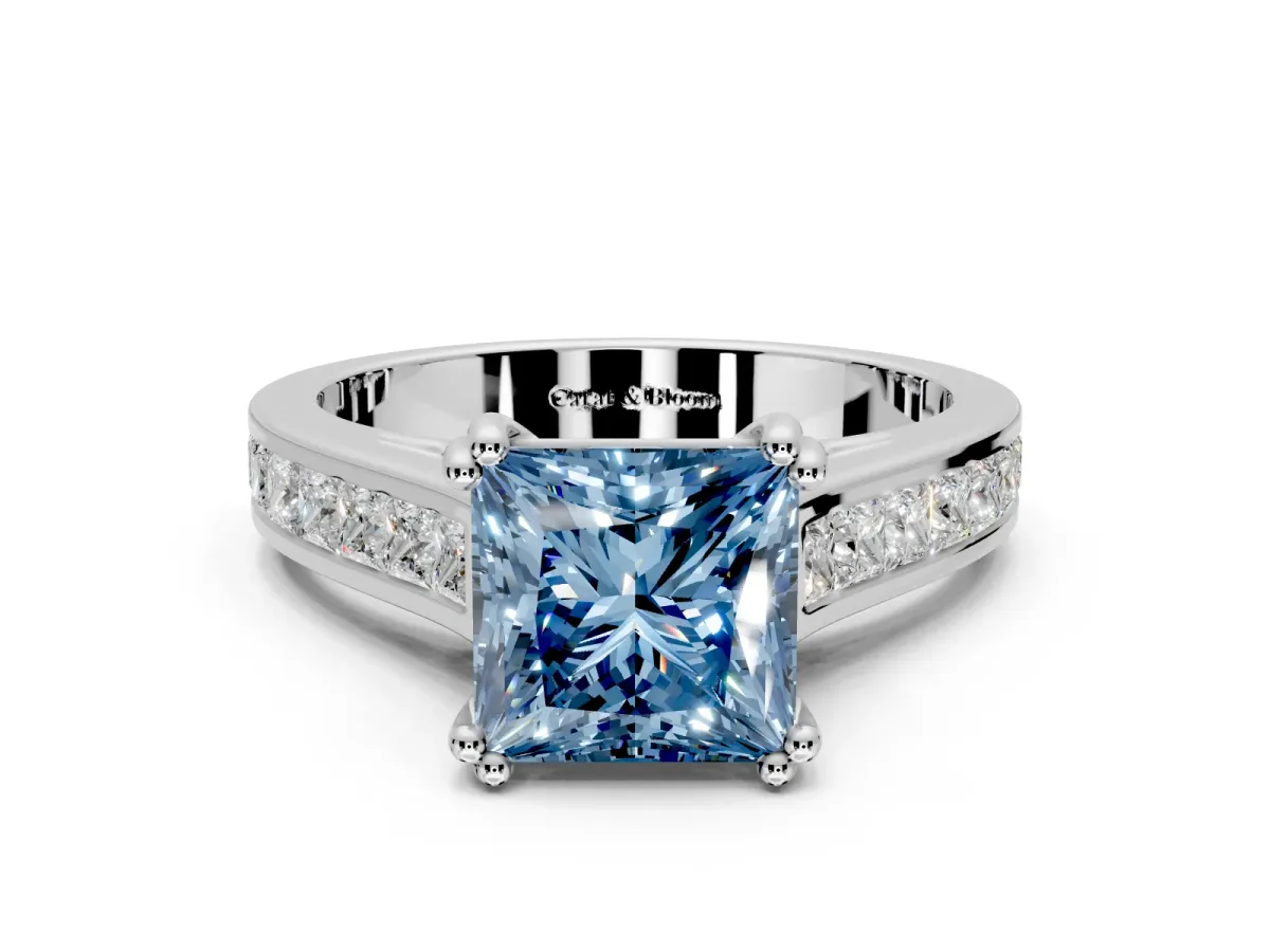 Solitaire Engagement Ring Setting for Fancy Blue Princess Cut Center with Channel Band and Double Claw Prong Head in Platinum