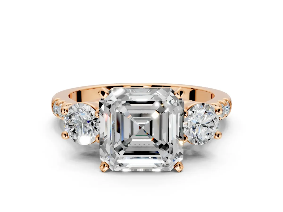 3 Stone Engagement Ring Setting for Asscher Cut Center with Crossover Basket, Pave Band and Prong Head in Rose Gold