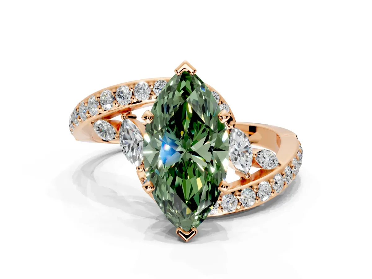 Solitaire Engagement Ring Setting for Fancy Green Marquise Center with Pave Bypass Twist Band and Prong Head in Rose Gold
