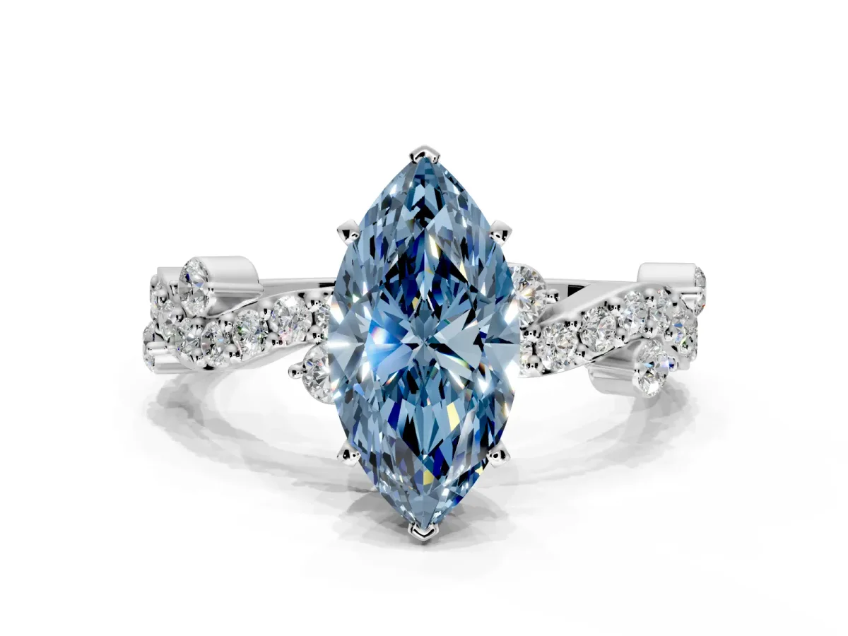 Solitaire Engagement Ring Setting for Fancy Blue Marquise Center with Bar-Station Pave Twist and Prong Head in Sterling Silver
