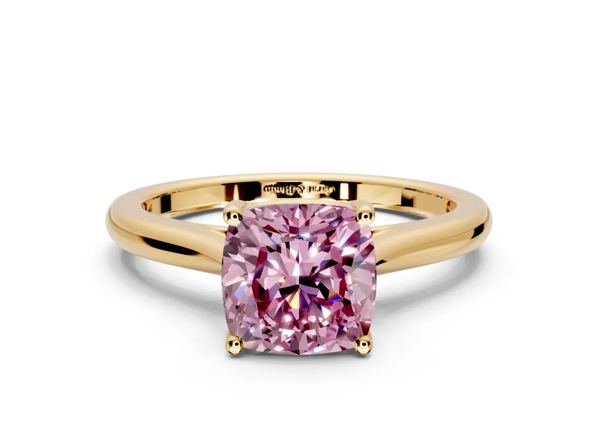 Solitaire Engagement Ring Setting for Fancy Pink Cushion Cut Center with Narrow Cathedral Band and Prong Head in Yellow Gold