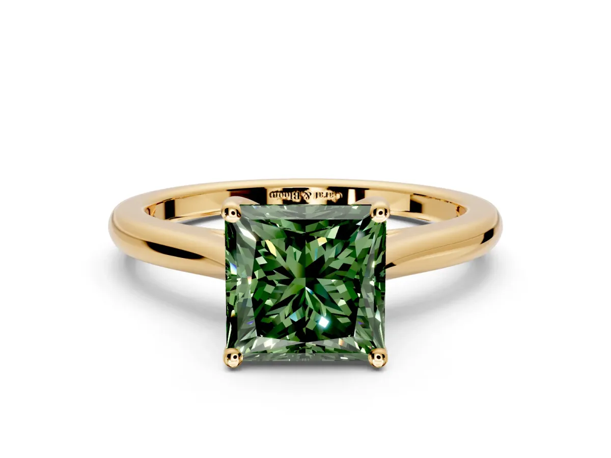 Solitaire Engagement Ring Setting for Fancy Green Princess Cut Center with Narrow Cathedral Band and Prong Head in Yellow Gold