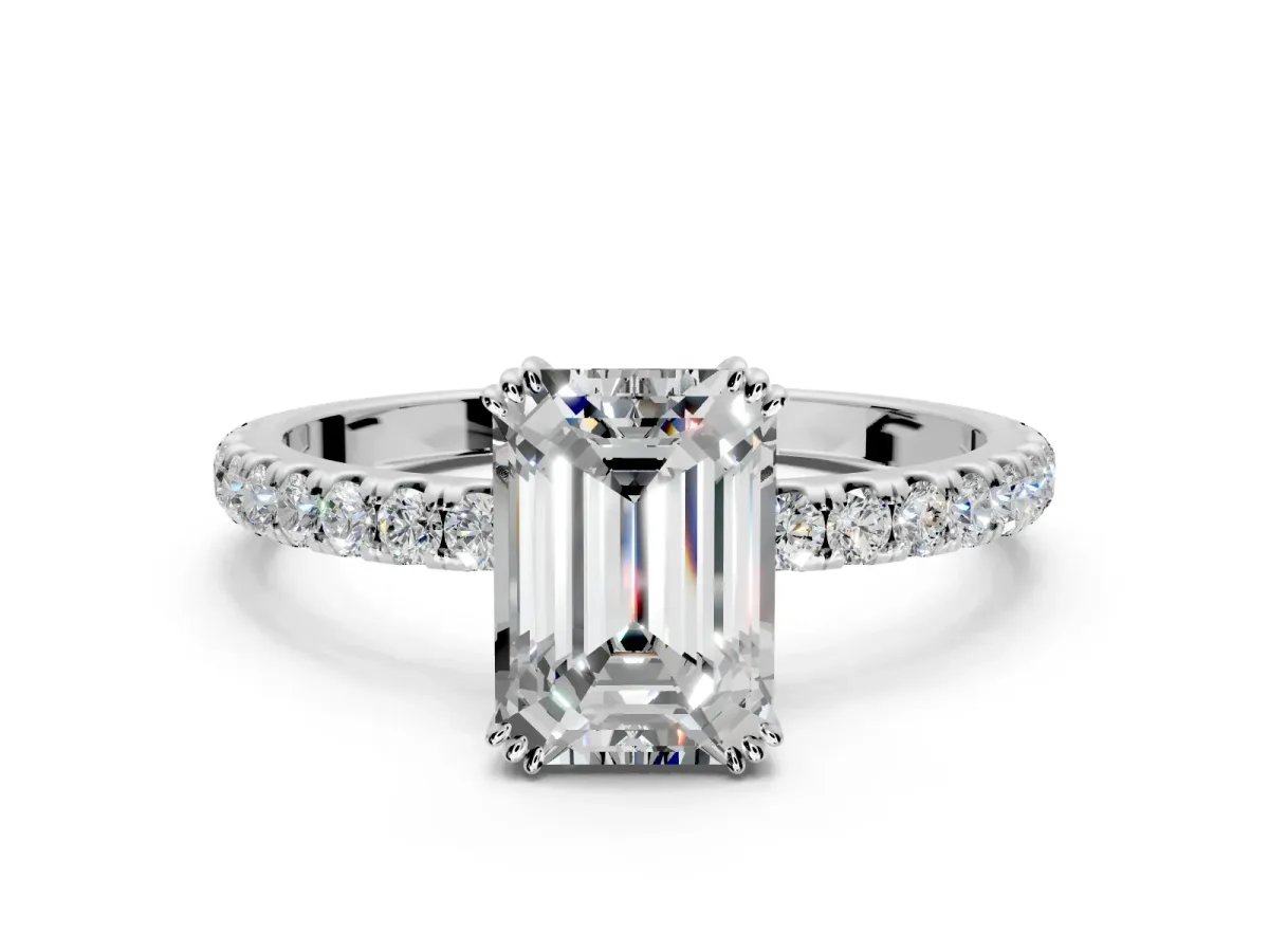 Solitaire Engagement Ring Setting for Emerald Cut Center with Pave Band and Claw Prong Head in White Gold