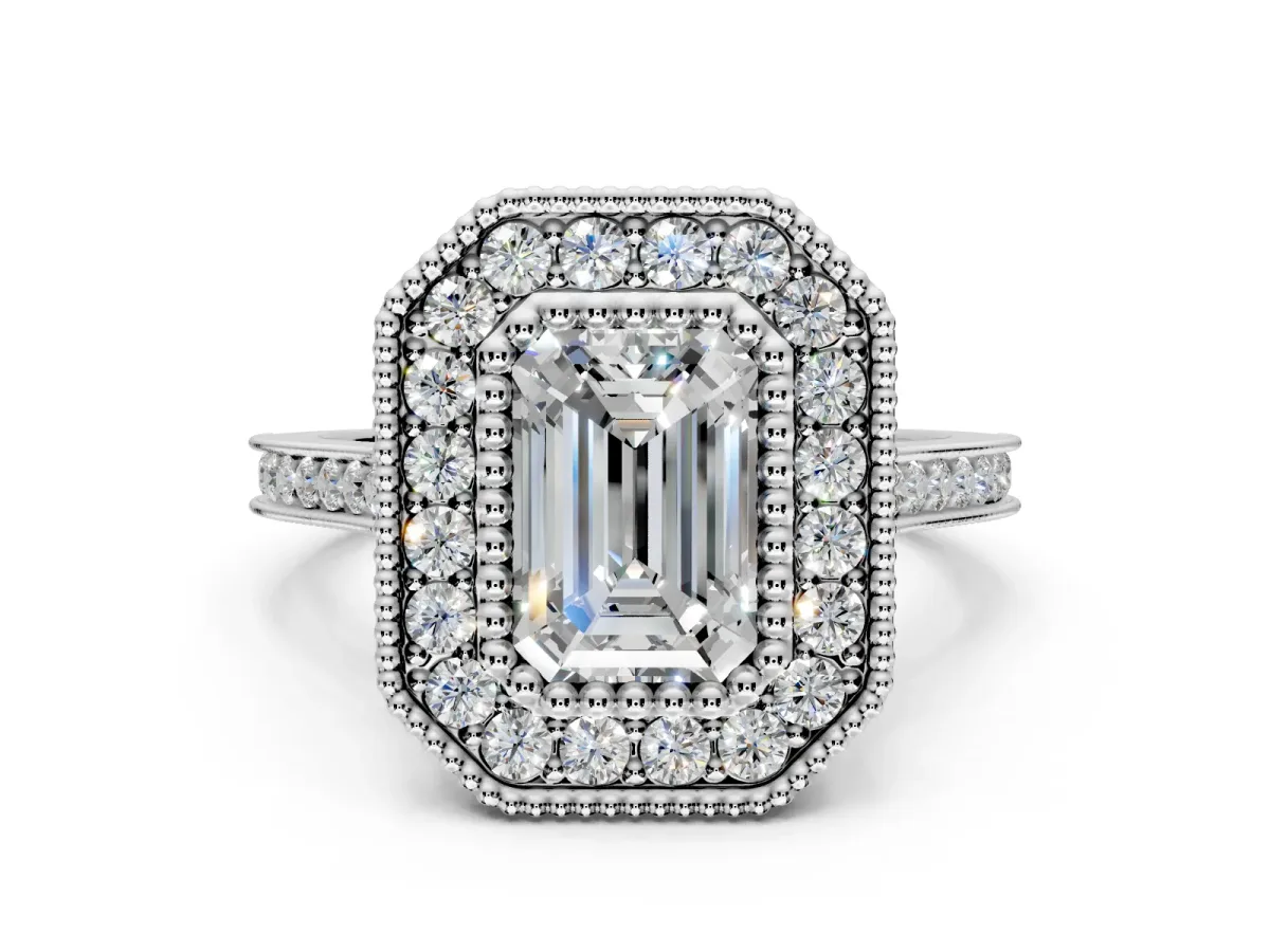 Halo Engagement Ring Setting for Emerald Cut Center with Milgrain Frame, Pave Band and Prong Head in White Gold