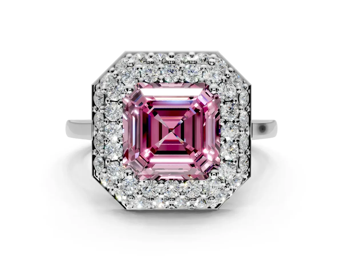 Halo Engagement Ring Setting for Fancy Pink Asscher Cut Center with Plain Tapered Band and Prong Head in White Gold