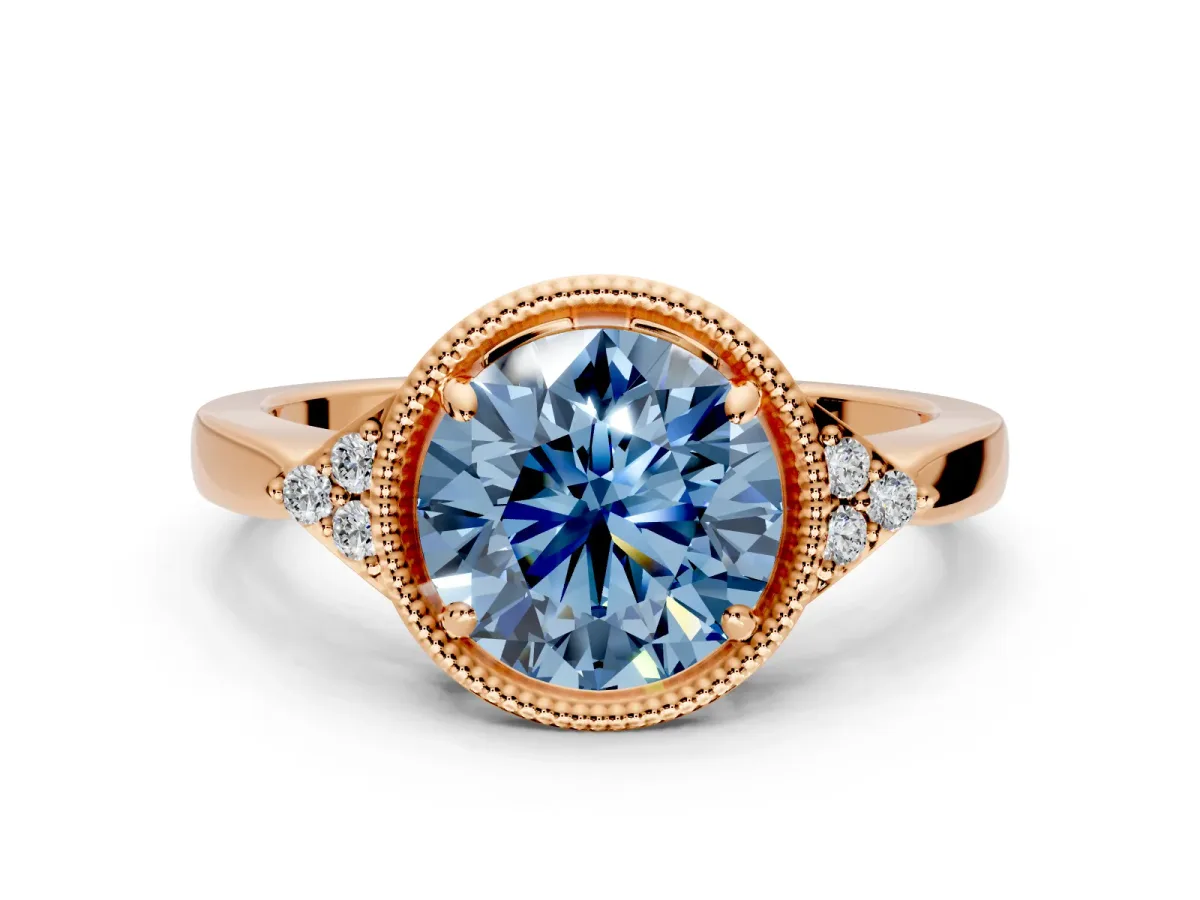 Cluster Engagement Ring Setting for Fancy Blue Round Cut Center with Milgrain Shoulder Clusters and Prong Head in Rose Gold
