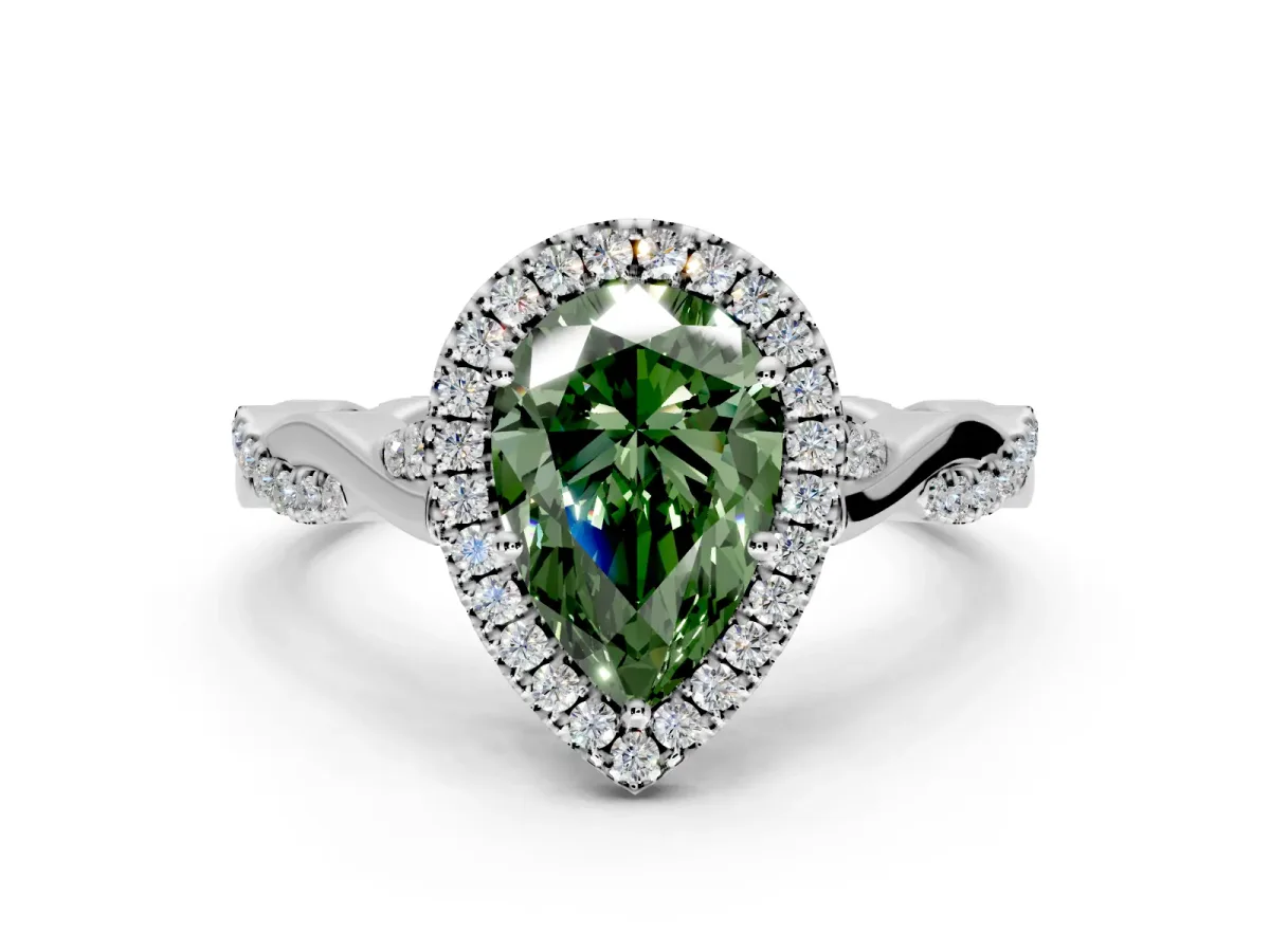 Halo Engagement Ring Setting for Fancy Green Pear-Shaped Center with Twist Band and Prong Head in White Gold