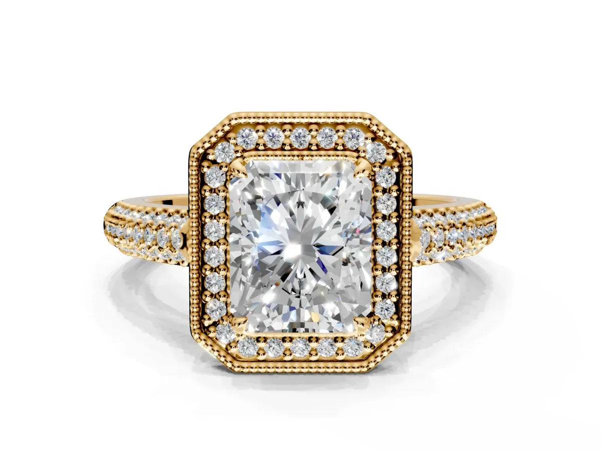 Milgrain Halo Engagement Ring Setting for Radiant Cut Center with Three-Sided Pave Band and Prong Head in Yellow Gold