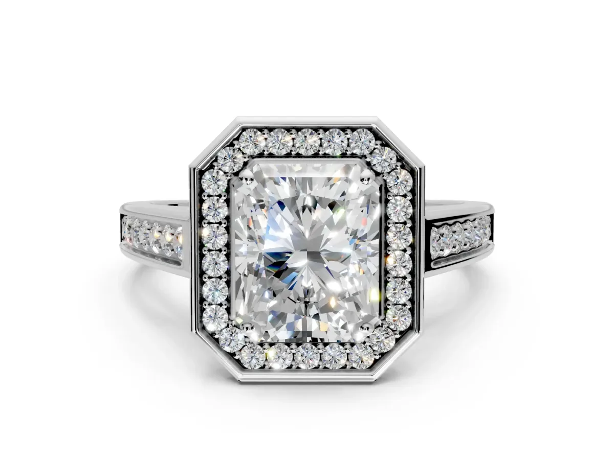 Halo Engagement Ring Setting for Radiant Cut Center with Outer Bezel Rim, Pave Band and Prong Head in Platinum
